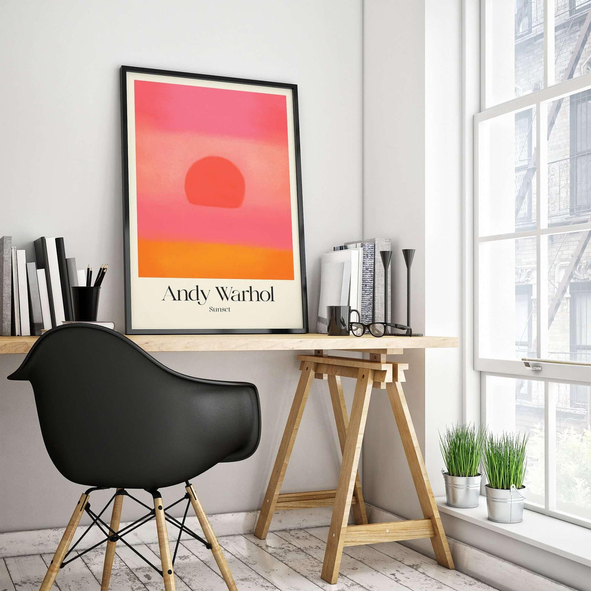 Andy Warhol Sunset Pink Orange Pop Art Print Modern Abstract Poster Wall Art displayed in a stylish home office.