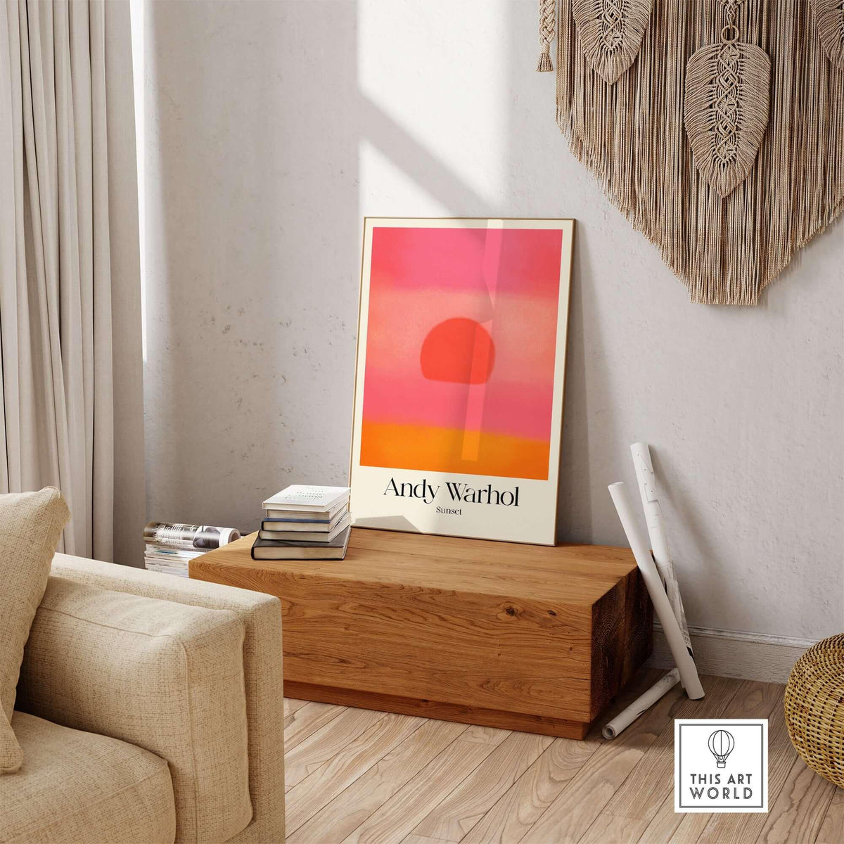 Andy Warhol Sunset Pink Orange Pop Art Print Modern Abstract Poster Wall Art displayed in a stylish living room setting.