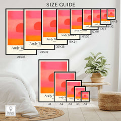 Andy Warhol Sunset Pink Orange Pop Art Print Modern Abstract Poster Wall Art size guide with various frame dimensions.