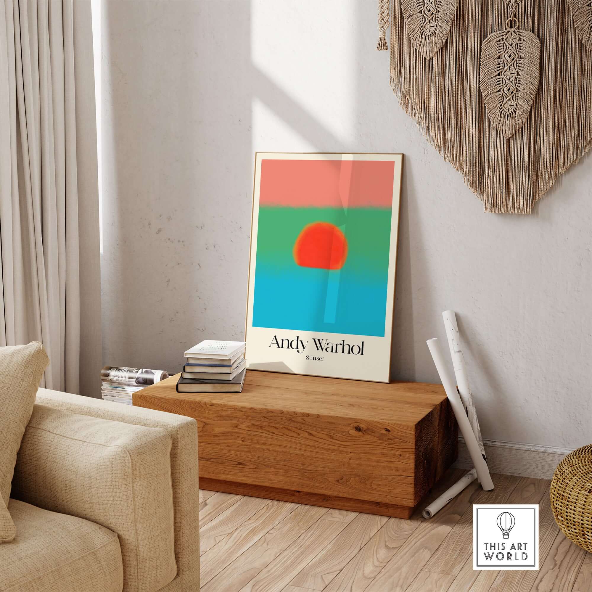 Andy Warhol Sunset Coral Green Blue Pop Art Poster Abstract Wall Art Print Modern displayed in a stylish living room setting.