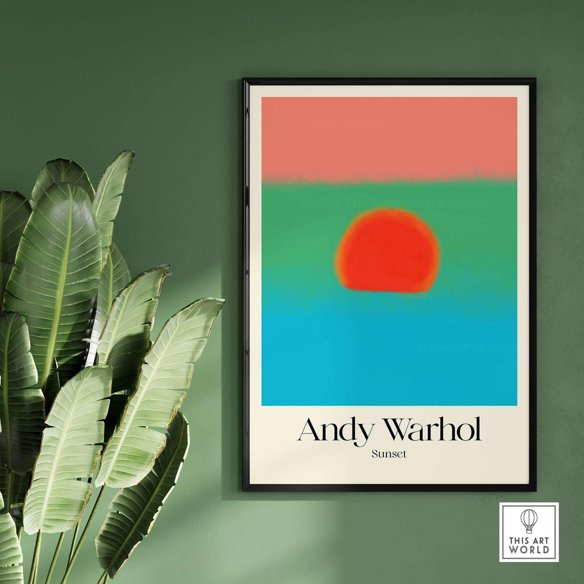 Andy Warhol Sunset Coral Green Blue Pop Art Poster Abstract Wall Art Print Modern displayed on a green wall with plants.