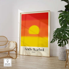 Andy Warhol Sunset Red Yellow Pop Art Abstract Print Modern Landscape Poster displayed in a modern interior setting.