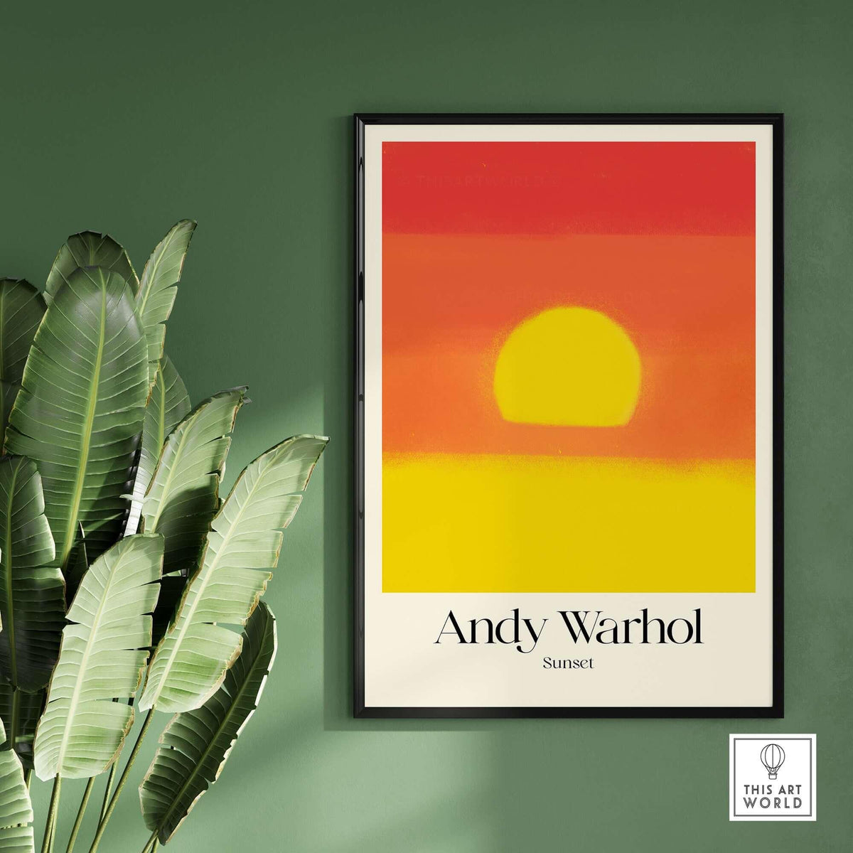 Andy Warhol Sunset Red Yellow Pop Art Abstract Print Modern Landscape Poster displayed on a green wall with plants.