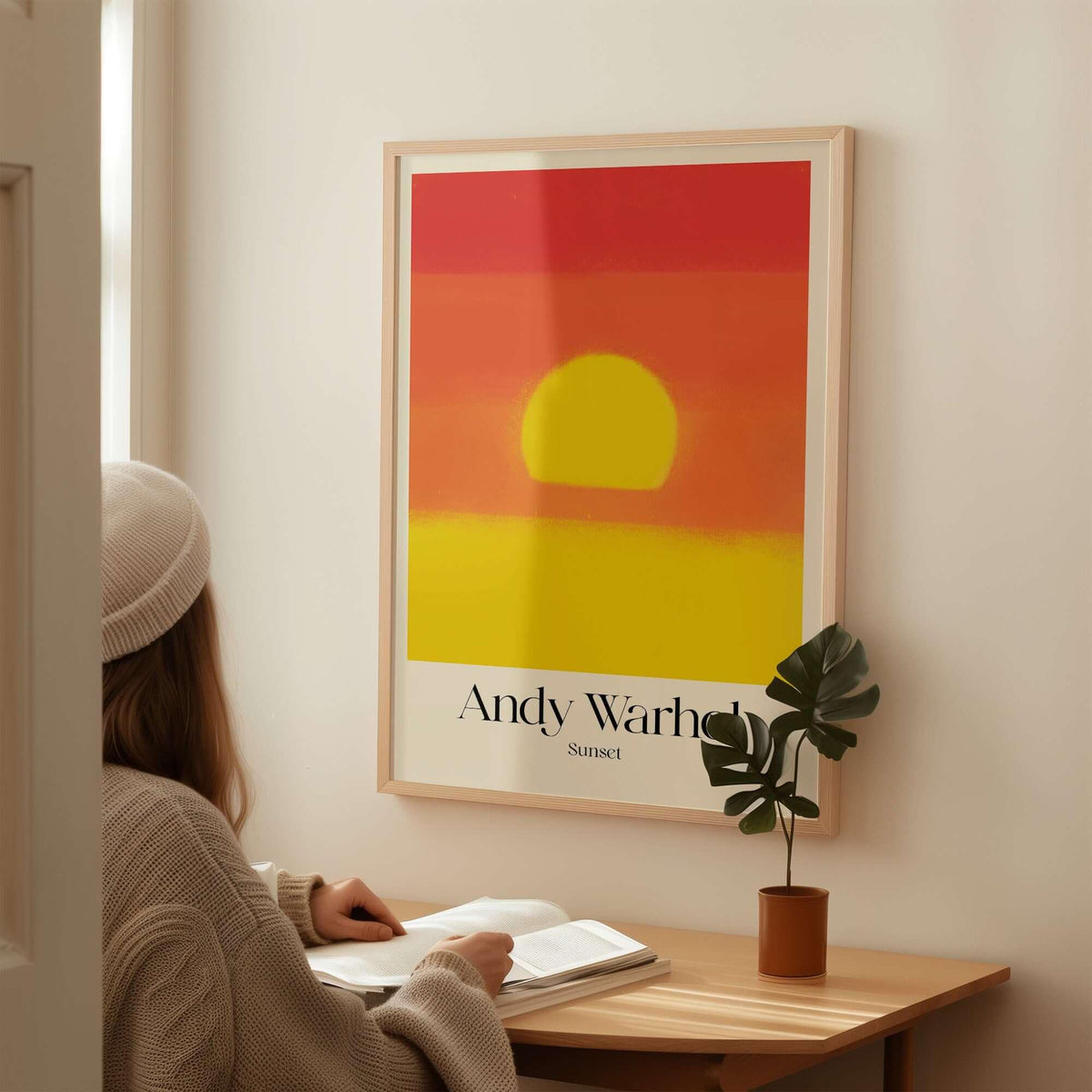 Andy Warhol Sunset Red Yellow Pop Art Abstract Print Modern Landscape Poster displayed in a cozy interior setting.