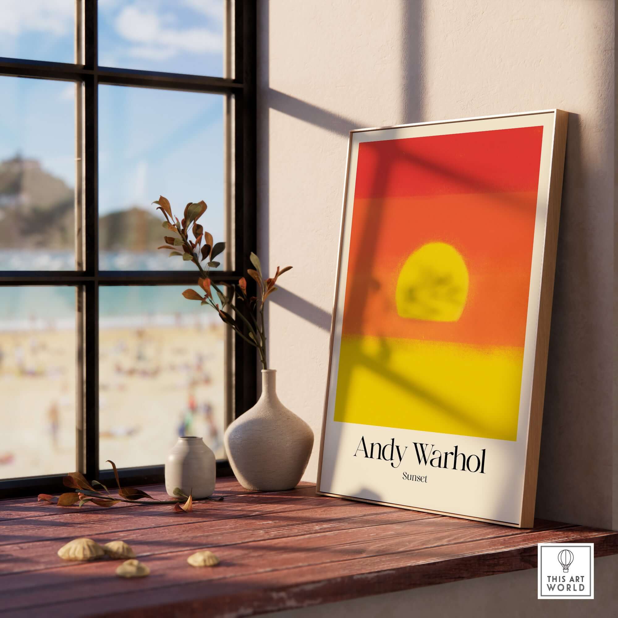 Andy Warhol Sunset Red Yellow Pop Art Abstract Print Modern Landscape Poster displayed in a modern interior with a beach view.