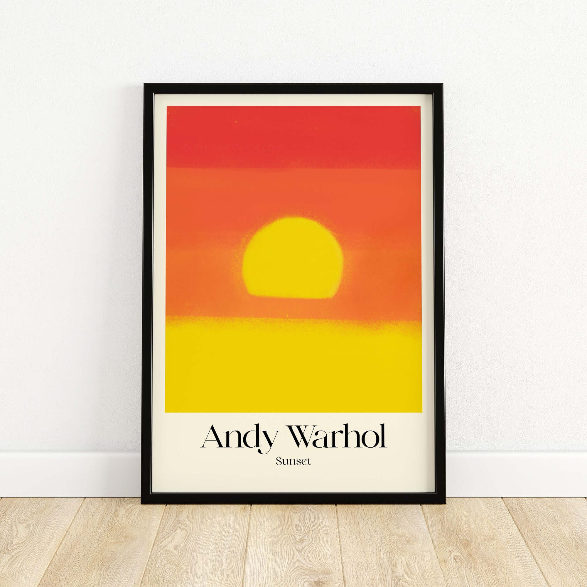 Andy Warhol Sunset Red Yellow Pop Art Abstract Print Modern Landscape Poster displayed on a wall with a bold sun image.