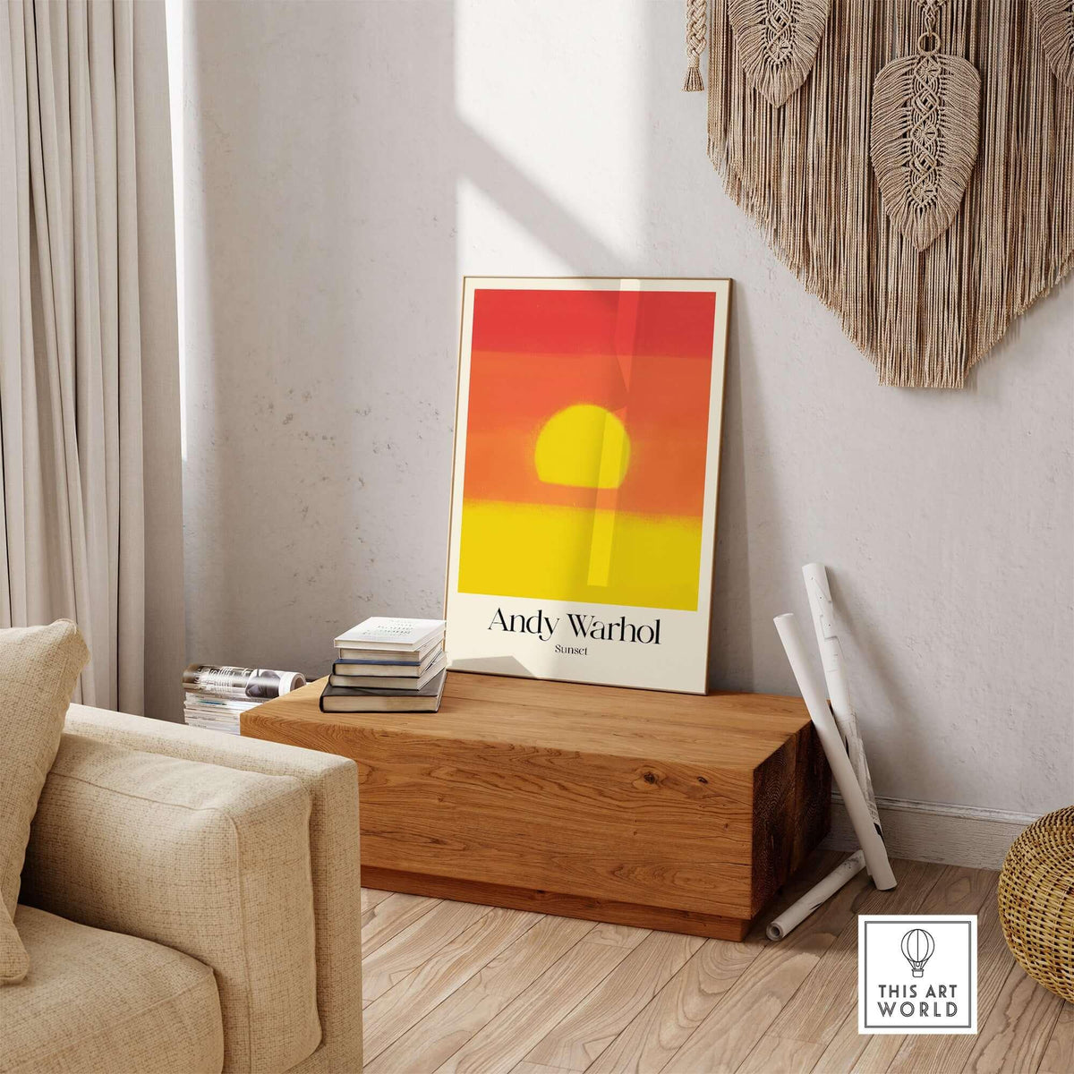 Andy Warhol Sunset Red Yellow Pop Art Abstract Print Modern Landscape Poster displayed in a cozy living room setting.