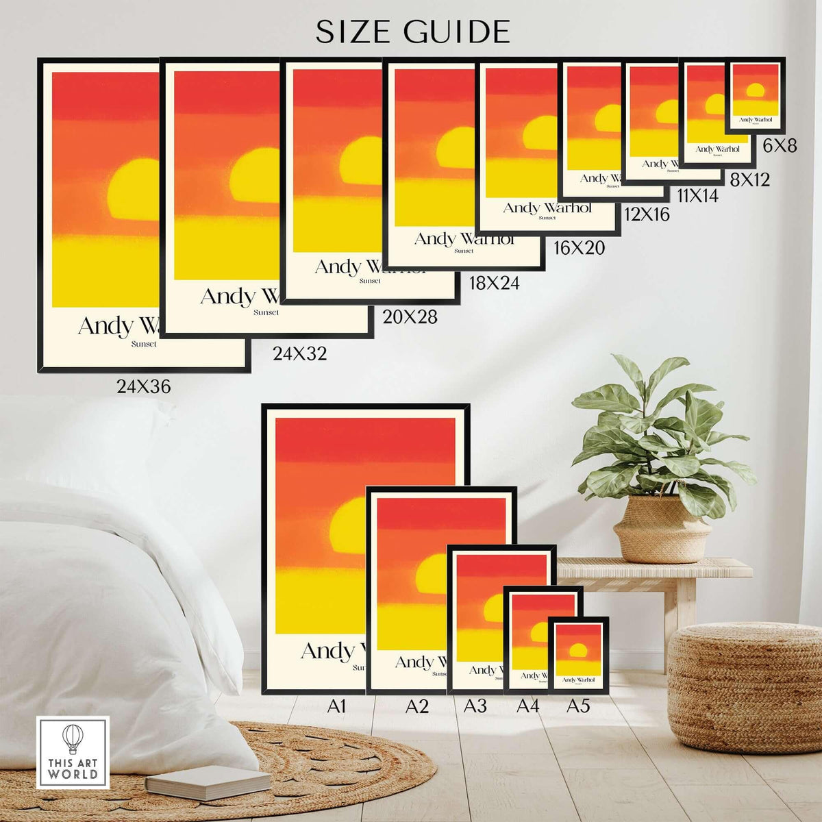 Andy Warhol Sunset Red Yellow Pop Art Abstract Print Modern Landscape Poster size guide display on wall.