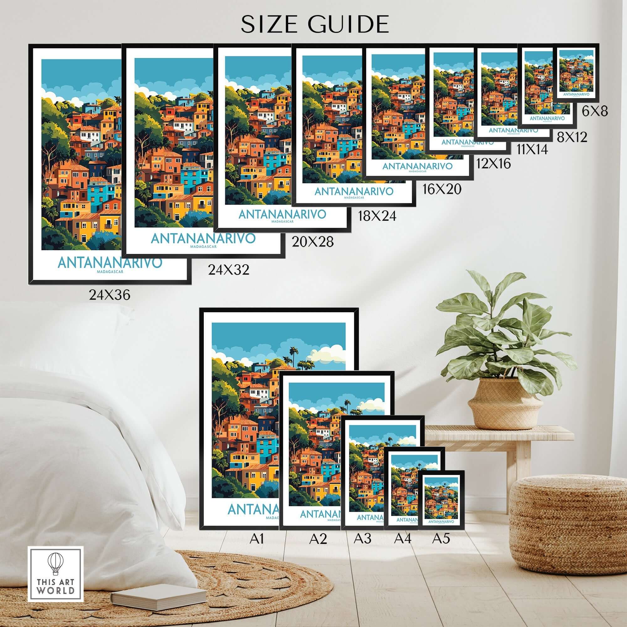 Antananarivo Madagascar Wall Art Print size guide showcasing various dimensions and designs for home decor.