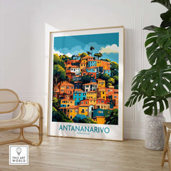 Antananarivo Madagascar Wall Art Print featuring colorful houses and lush greenery in a stylish interior setting.