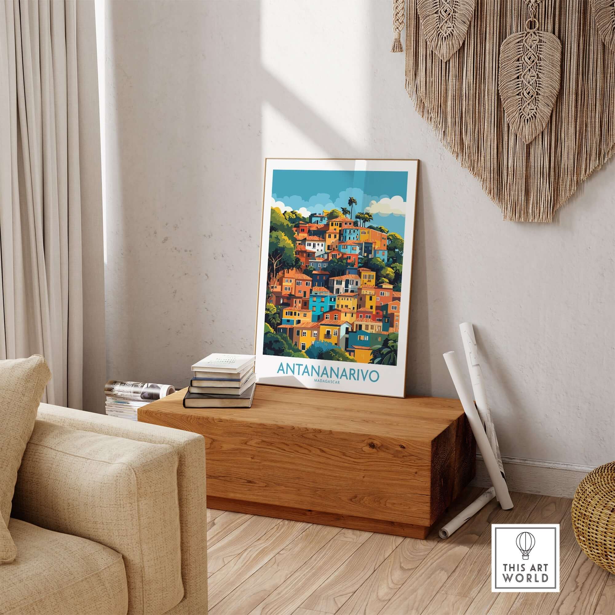 Antananarivo Madagascar Wall Art Print featuring colorful houses in vibrant setting on display in stylish interior.