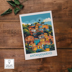 Antananarivo Madagascar Wall Art Print showcasing vibrant houses against a blue sky.