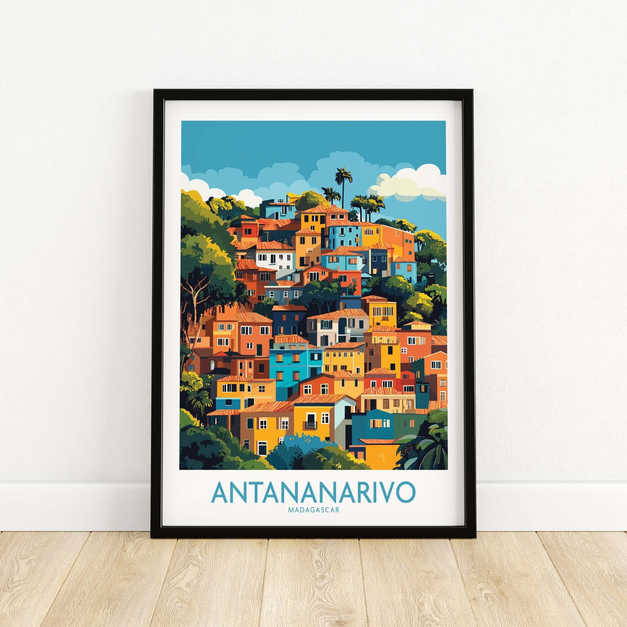Antananarivo Madagascar Wall Art Print showcasing colorful houses and greenery.