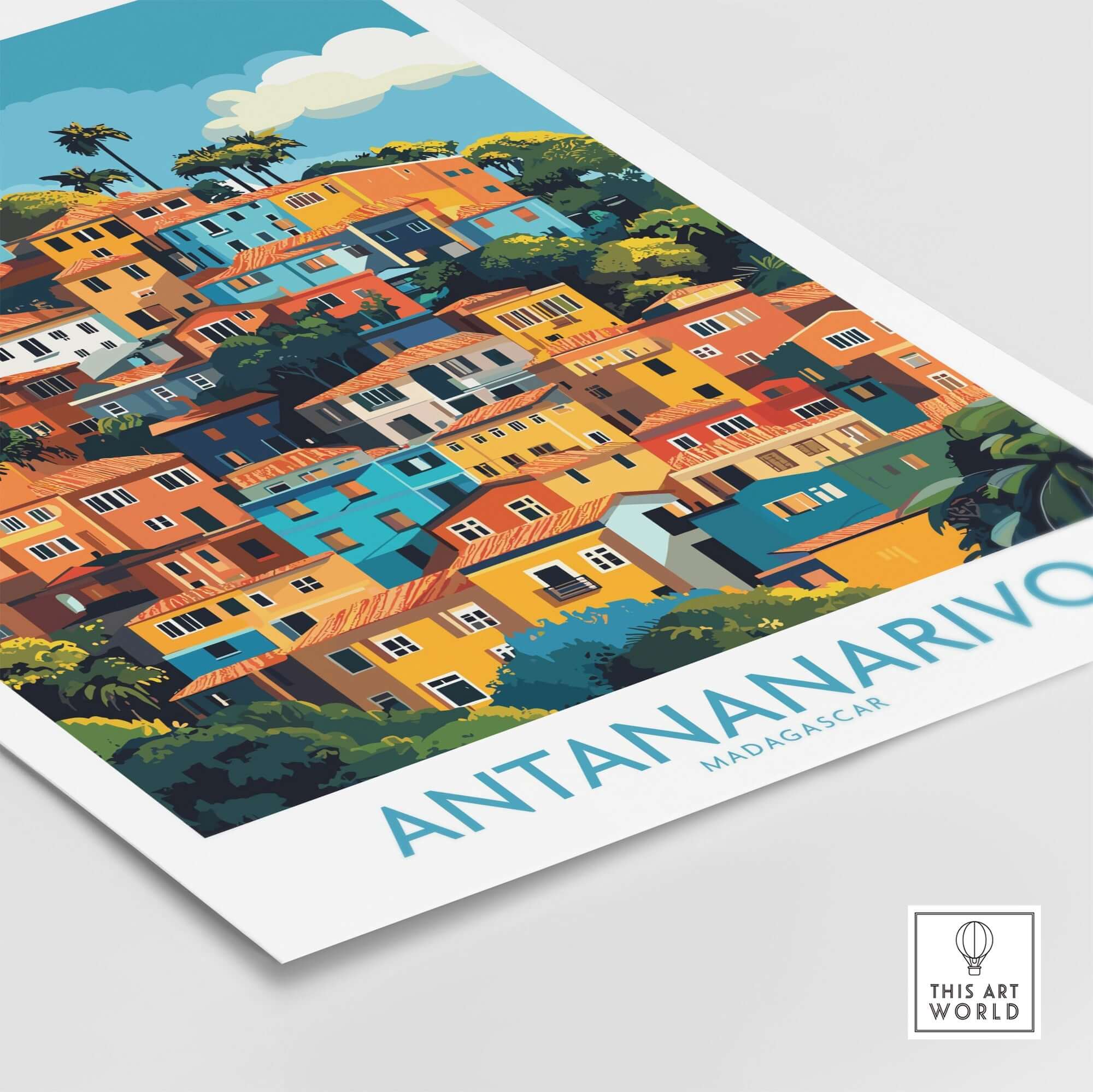 Antananarivo Madagascar Wall Art Print showcasing colorful houses and vibrant streets in a stunning design.