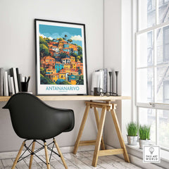 Antananarivo Madagascar Wall Art Print displayed in a stylish home office setting, enhancing decor with vibrant colors.