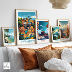 Antananarivo Madagascar Wall Art Print displayed among travel-themed prints on a stylish shelf decor.