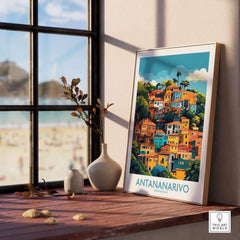 Antananarivo Madagascar Wall Art Print displayed at a window with vibrant colors and intricate details.