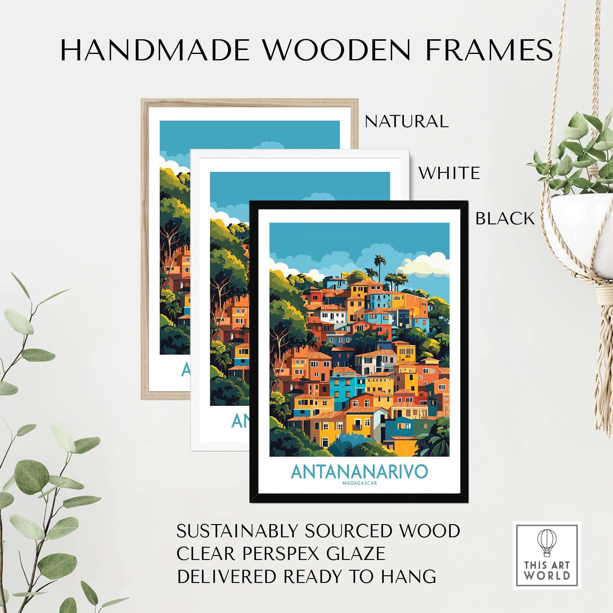 Handmade wooden frames for Antananarivo Madagascar Wall Art Print in natural, white, and black colors.