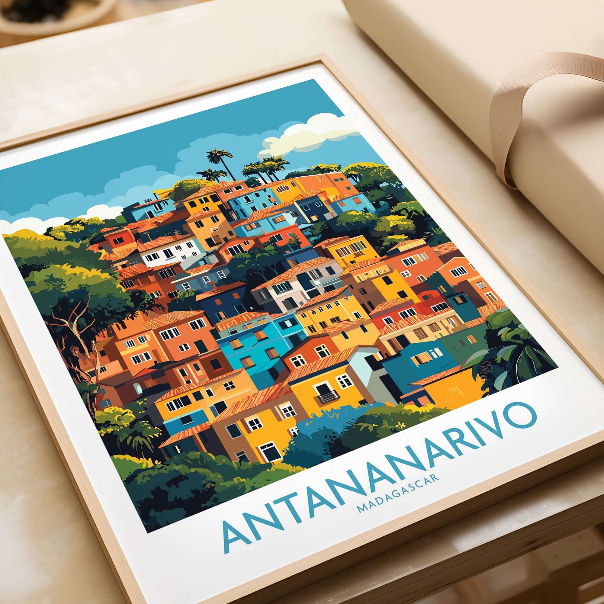 Antananarivo Madagascar Wall Art Print showcasing vibrant houses and colorful landscapes of Antananarivo, Madagascar.