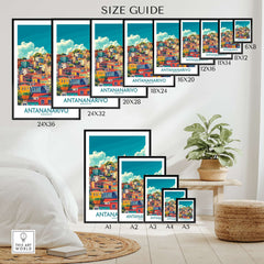 Antananarivo Travel Poster size guide showcasing various frame options and vibrant city design.