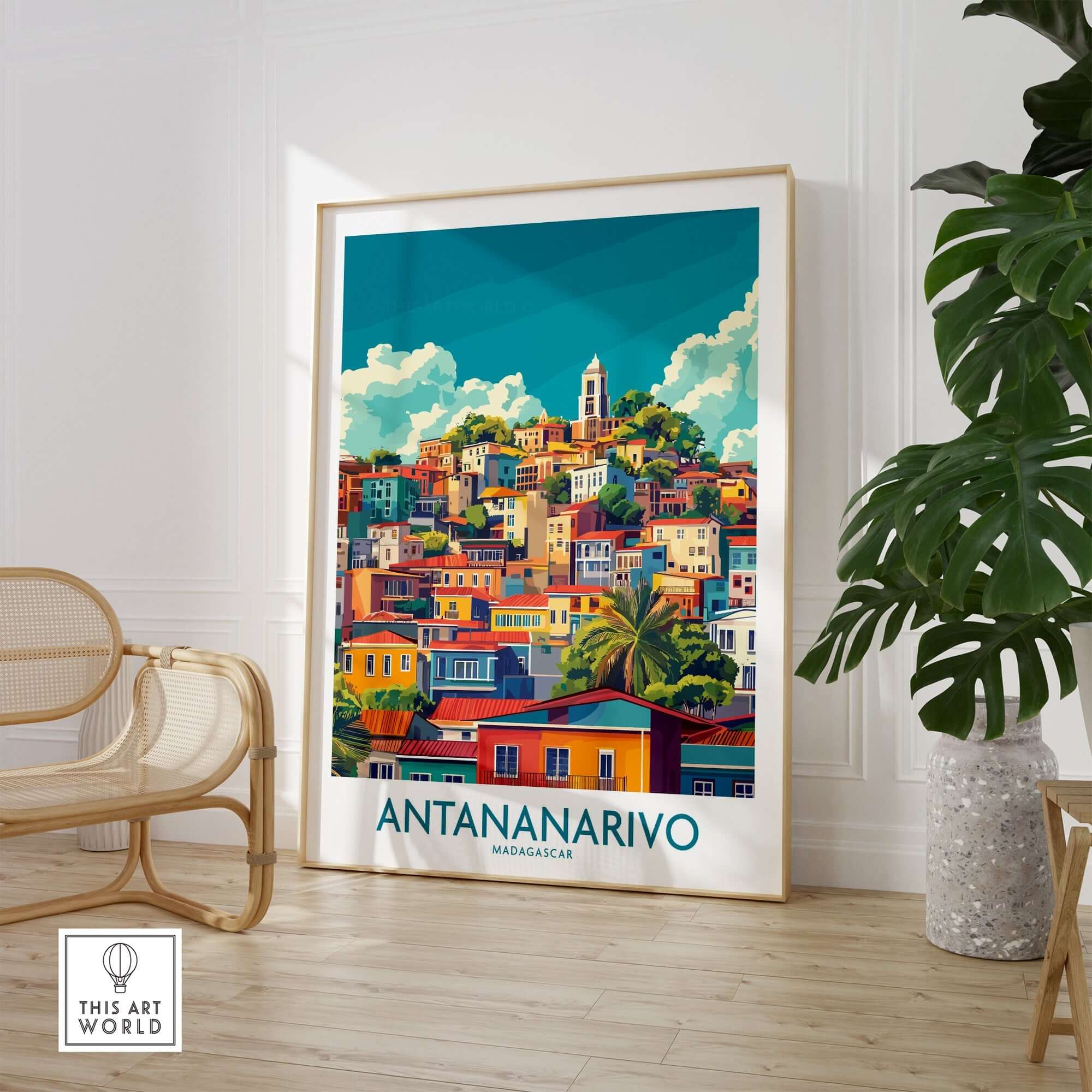 Antananarivo Travel Poster showcasing the vibrant cityscape of Antananarivo, Madagascar, with colorful houses and greenery.