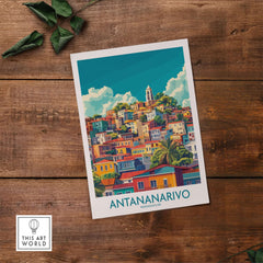 Antananarivo Travel Poster showcasing vibrant buildings in a charming cityscape, perfect for travel enthusiasts.
