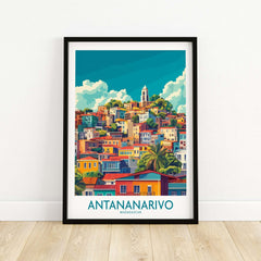 Antananarivo Travel Poster vibrant cityscape print of Madagascar showcasing colorful buildings and lush greenery.