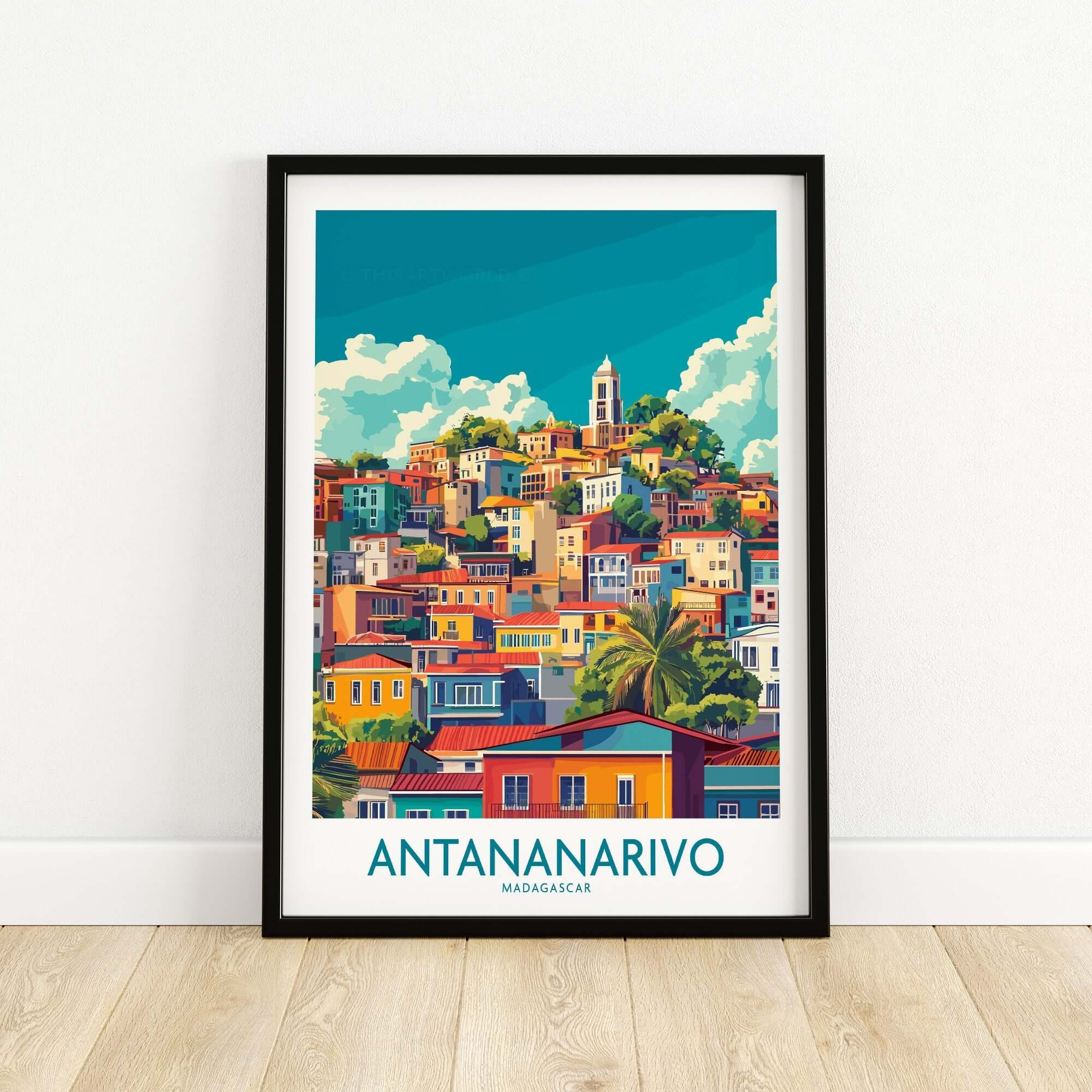 Antananarivo Travel Poster vibrant cityscape print of Madagascar showcasing colorful buildings and lush greenery.