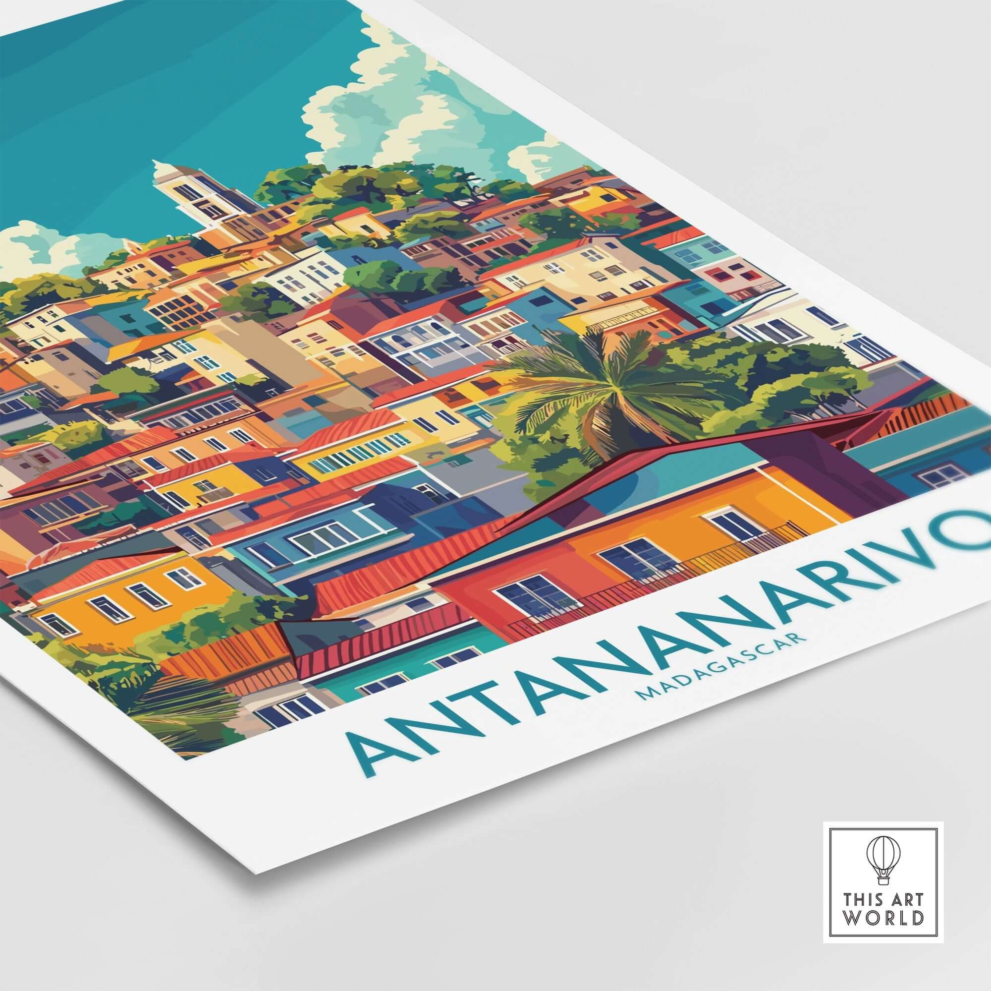 Antananarivo Travel Poster showcasing vibrant city colors and architecture of Madagascar.