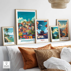 Antananarivo Travel Poster displayed among other travel posters on a stylish wall decor arrangement.
