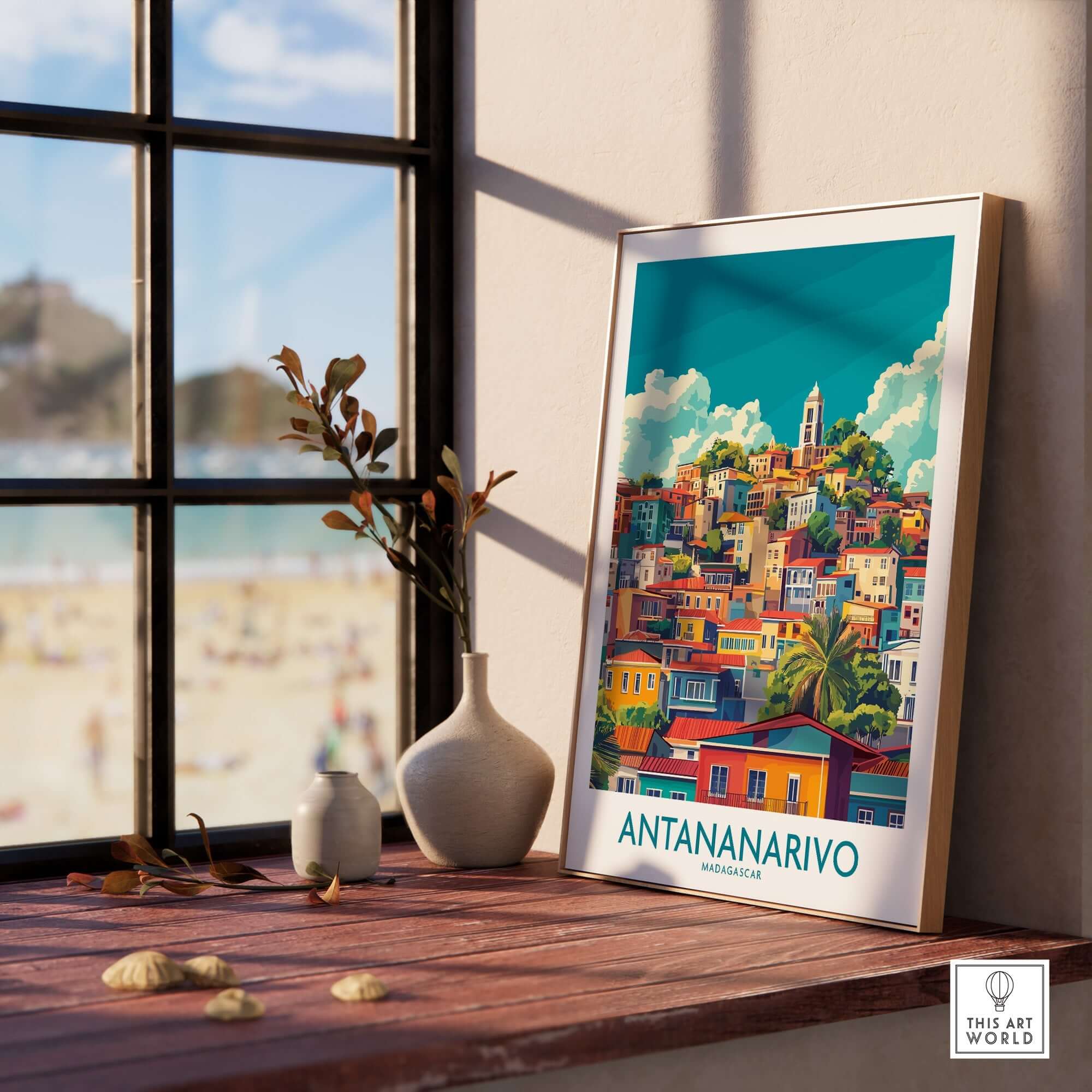 Antananarivo Travel Poster displayed in a sunny room, showcasing vibrant colors of Madagascar's capital city.