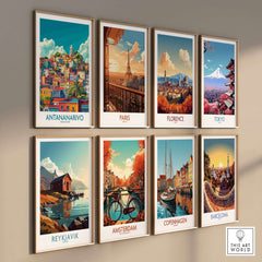 Colorful travel posters including Antananarivo Travel Poster and iconic cities like Paris and Tokyo.