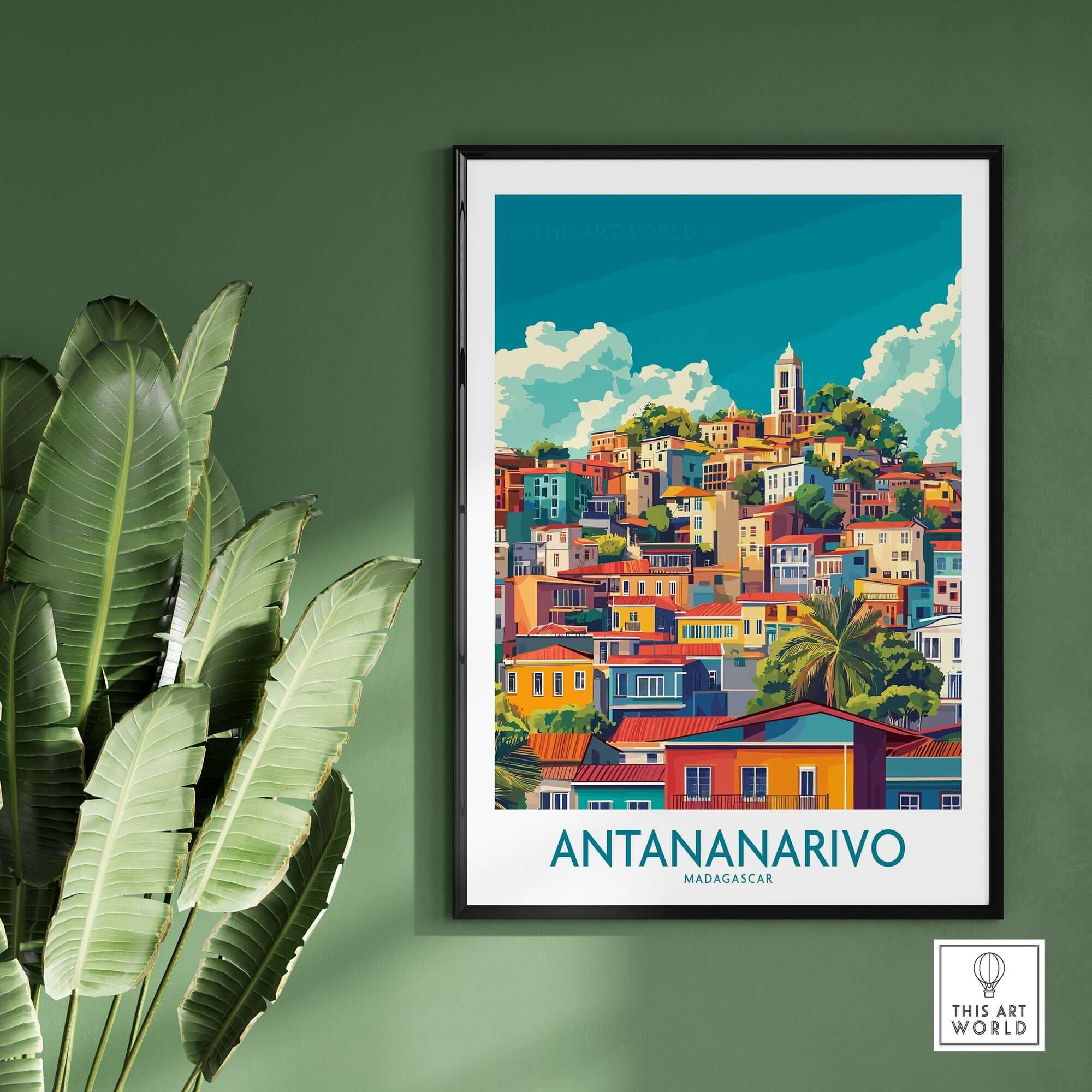 Antananarivo Travel Poster showcasing the vibrant cityscape of Antananarivo, Madagascar, with colorful buildings and lush greenery.