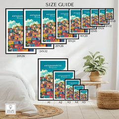 Antananarivo Travel Print size guide showcasing various frame sizes and vibrant cityscape design.