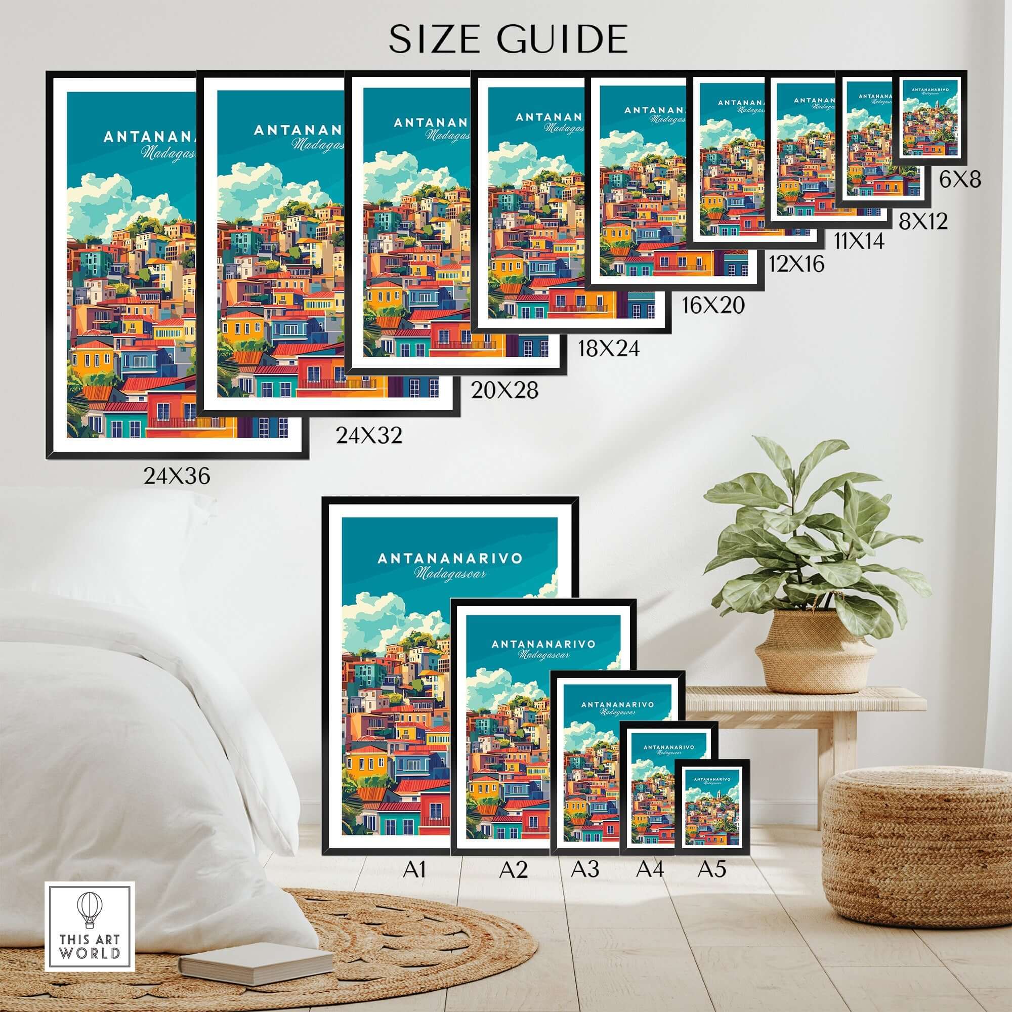 Antananarivo Travel Print size guide showcasing various frame sizes and vibrant cityscape design.