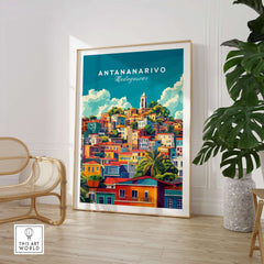 Antananarivo Travel Print featuring a vibrant depiction of the city in a stylish interior setting.