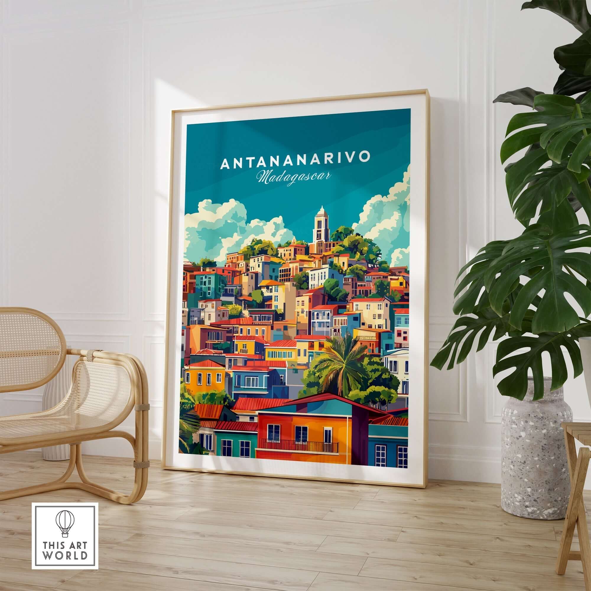 Antananarivo Travel Print featuring a vibrant depiction of the city in a stylish interior setting.