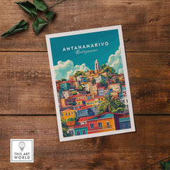 Antananarivo Travel Print showcasing the vibrant architecture of Madagascar cityscape in colorful artwork.