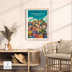 Antananarivo Travel Print showcasing the colorful cityscape of Antananarivo in a stylish home setting.