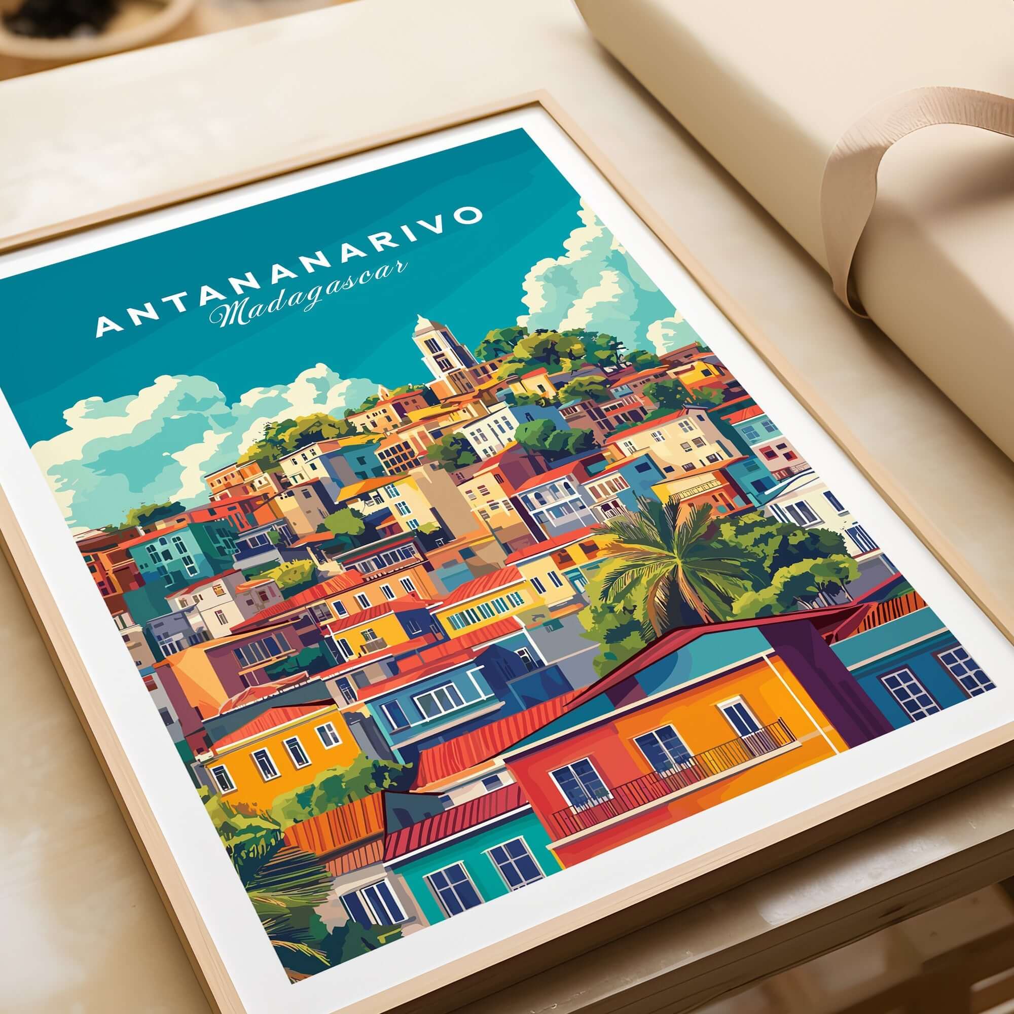 Antananarivo Travel Print showcasing the vibrant cityscape of Antananarivo, Madagascar in colorful artwork.