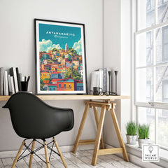 Antananarivo Travel Print showcased in a modern workspace, adding vibrant culture to home decor.