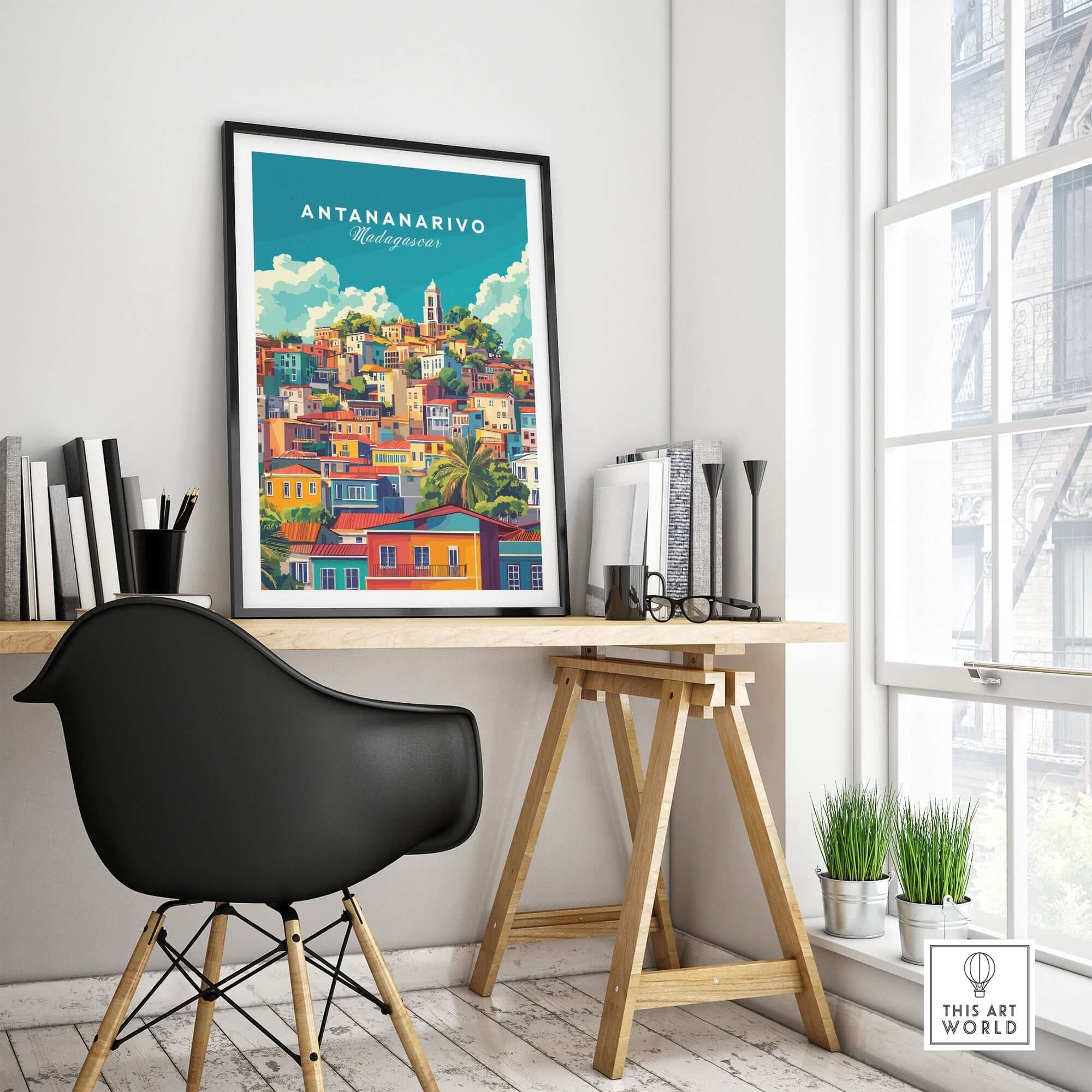 Antananarivo Travel Print showcased in a modern workspace, adding vibrant culture to home decor.