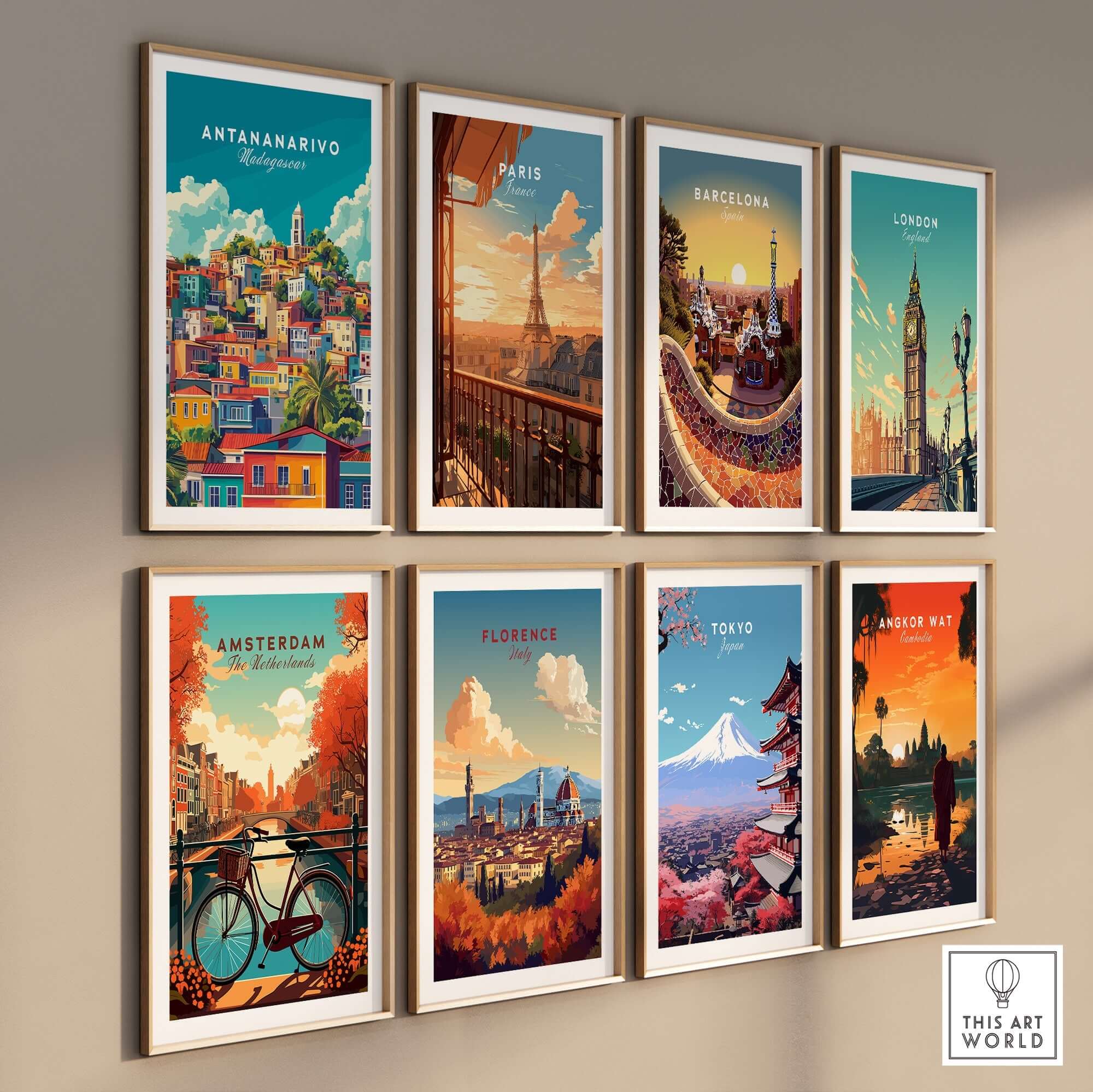 Colorful travel prints on a wall featuring cities including Antananarivo Travel Print and others.