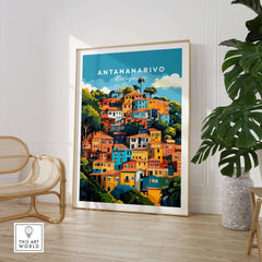 Antananarivo Wall Art featuring a colorful depiction of the vibrant cityscape of Madagascar in a modern interior setting.