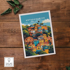 Antananarivo Wall Art featuring colorful buildings and lush greenery in a vibrant Madagascar landscape.