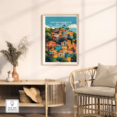 Antananarivo Wall Art featuring vibrant colors of the bustling city in a stylish living room setting.