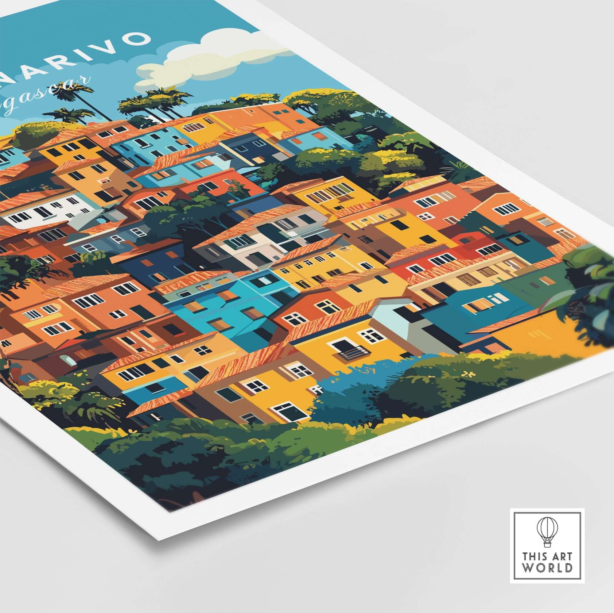 Antananarivo Wall Art featuring colorful houses and lush greenery, showcasing the essence of Madagascar's vibrant culture.