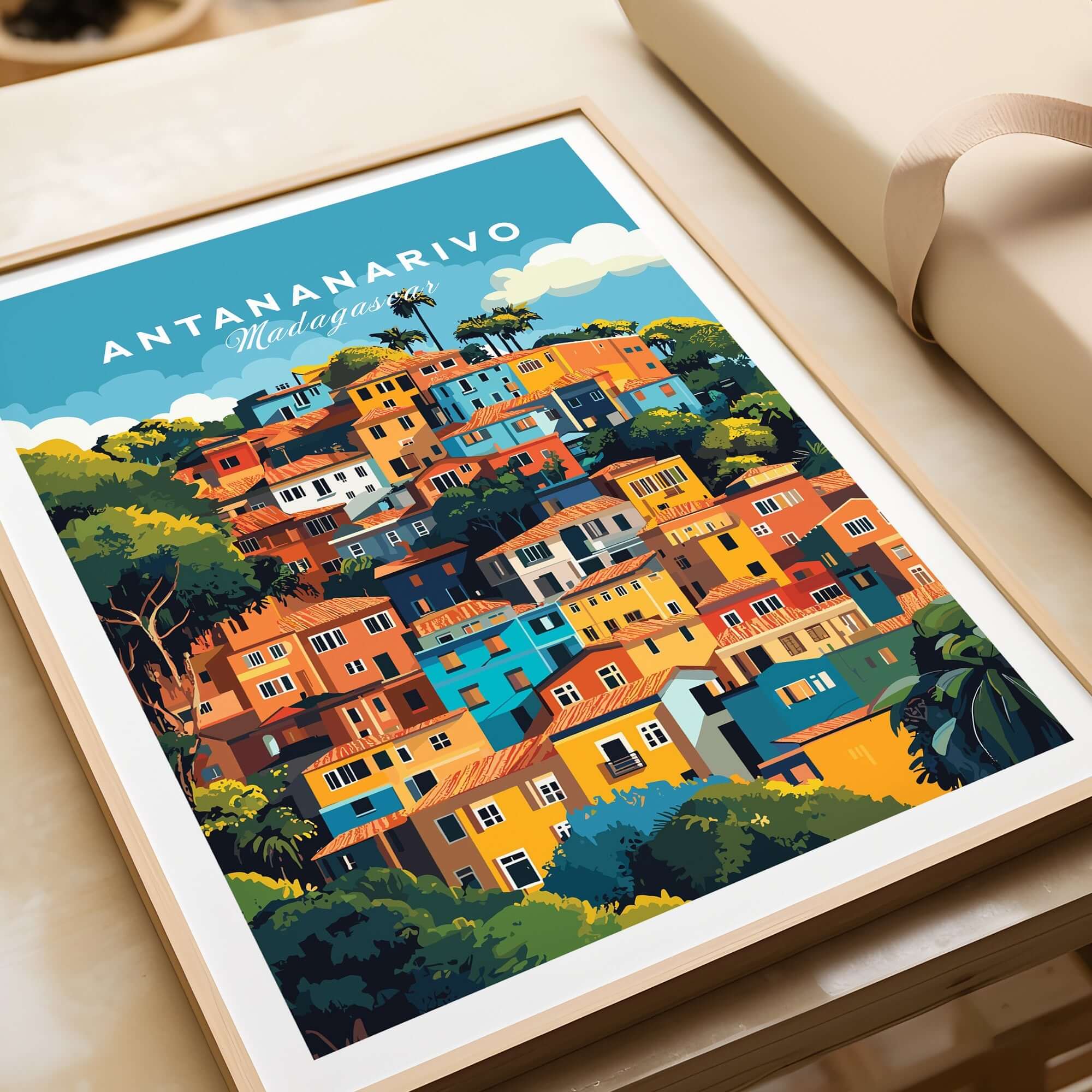 Antananarivo Wall Art featuring vibrant houses and lush greenery representing Madagascar's culture and landscape.