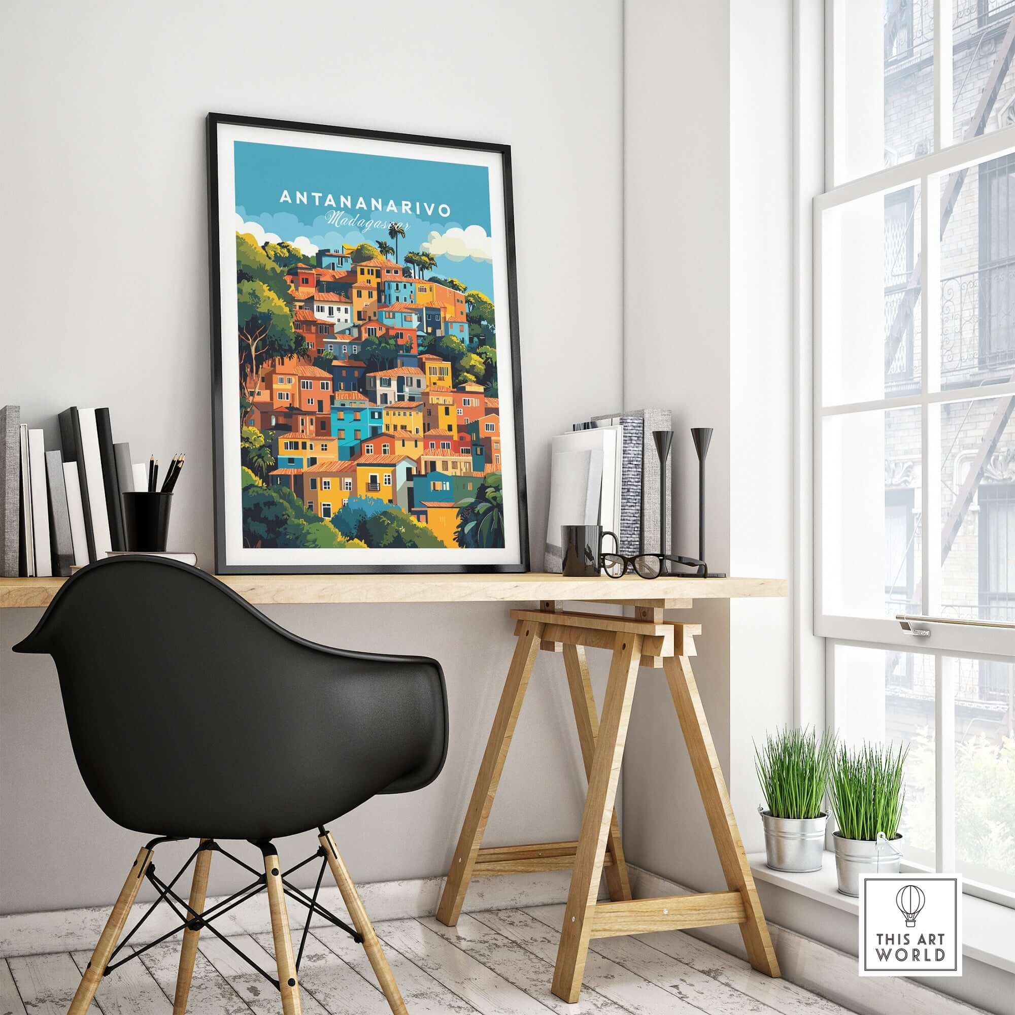 Antananarivo Wall Art featuring vibrant cityscape decor in a modern home office setting.