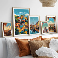 Antananarivo Wall Art featured among travel posters, showcasing vibrant cityscapes and cultures, perfect for home decor.